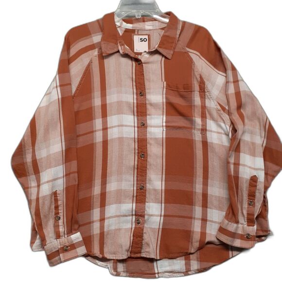 So Tops - So Womens Size XL Rust Orange Plaid Long Sleeve Button Up Lightweight Shirt